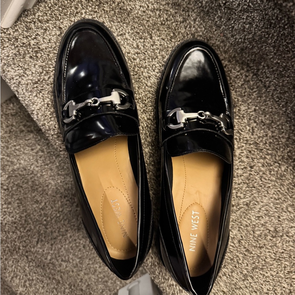 Nine West Glossy Black Loafers with Metallic Accent